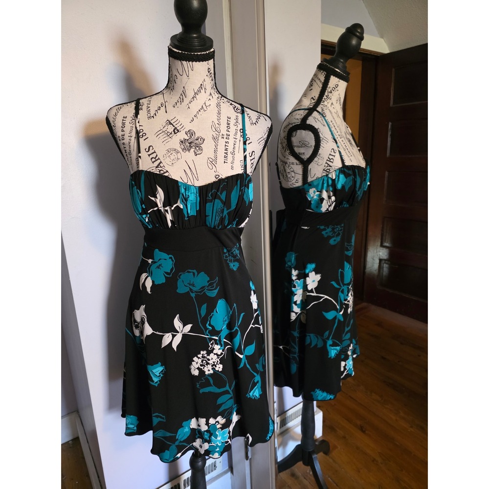 Speechless Floral Mini Dress Black Turquoise White Empire Waist Tie Back Size M